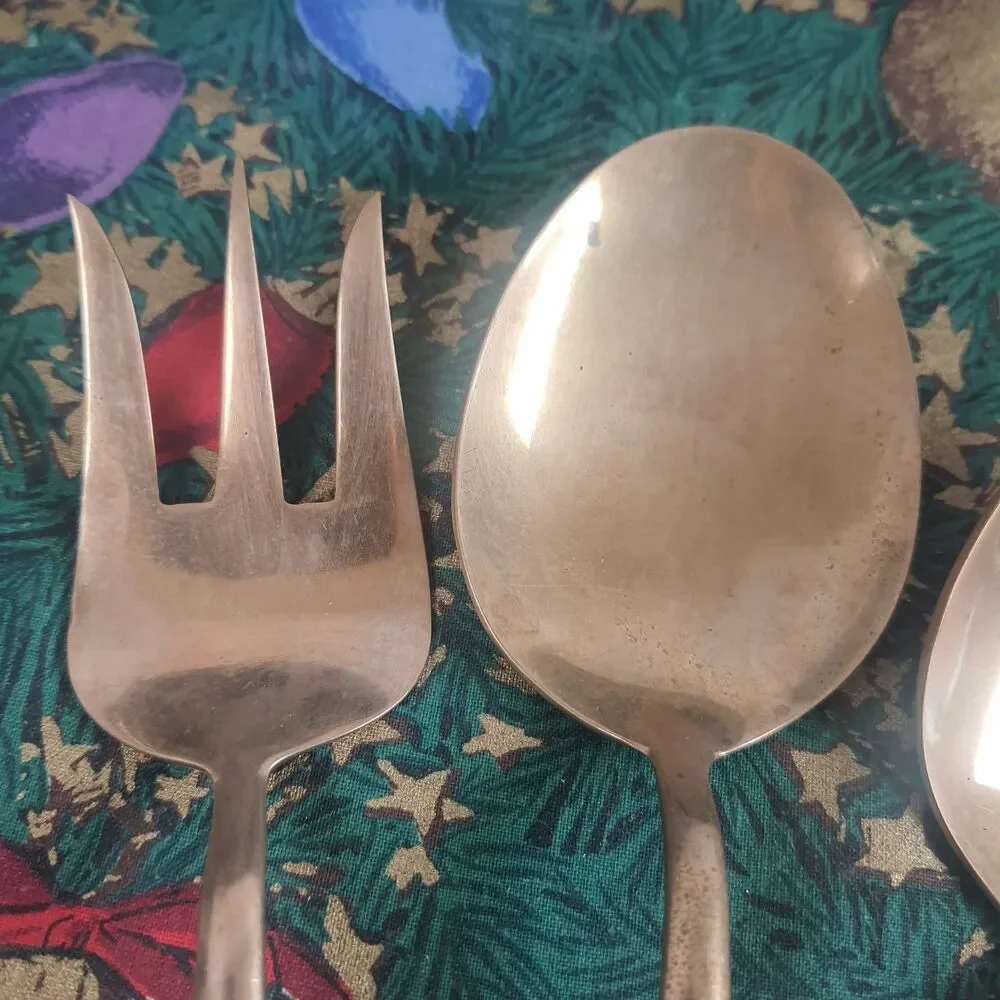 VTG 70’s Lot Of 4 Nickel Bronze Serving Spoon Carving Fork Faux Bamboo Serveware